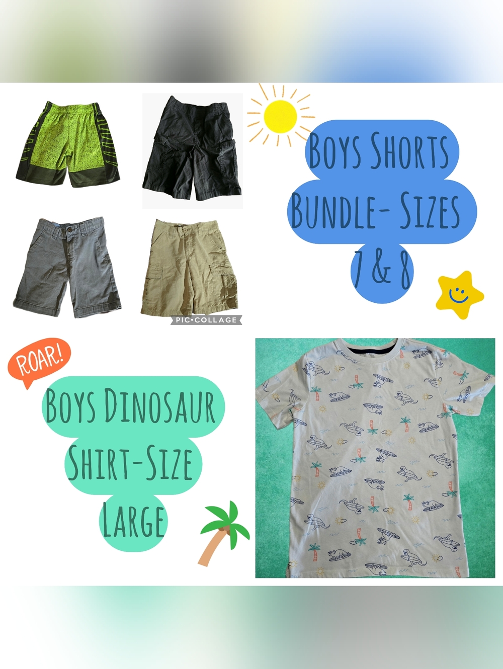 Boys Clothing Bundle – Shorts Sizes 7 & 8 + Dino Shirt (Large) EUC